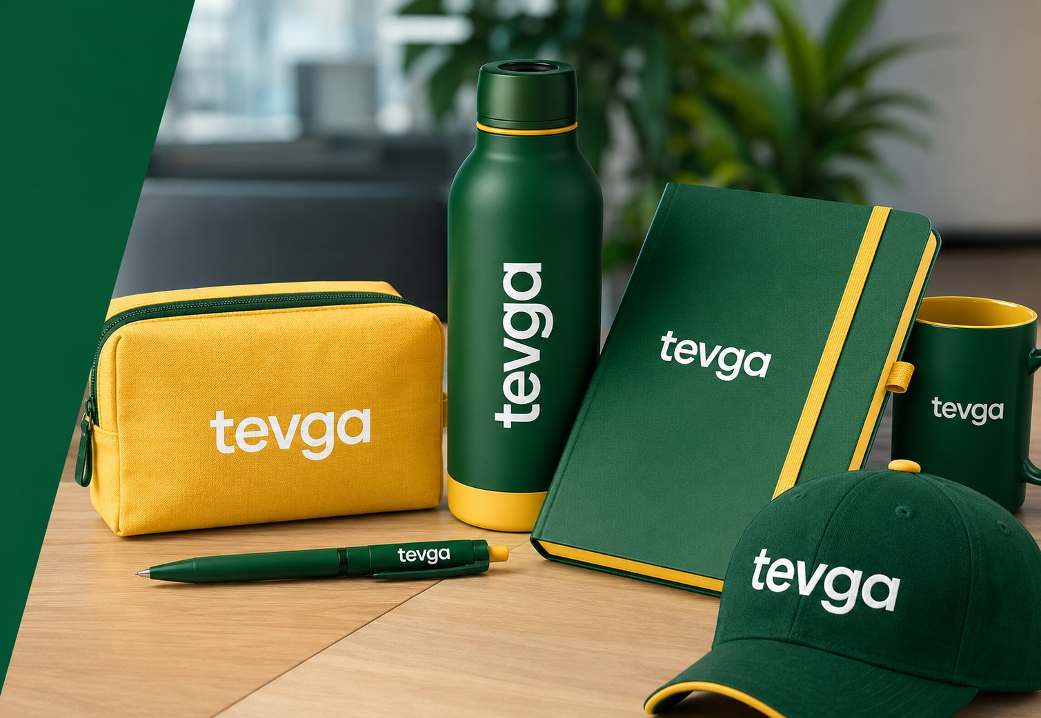TEVGA promotional products — bags, bottles, caps, mugs, pens