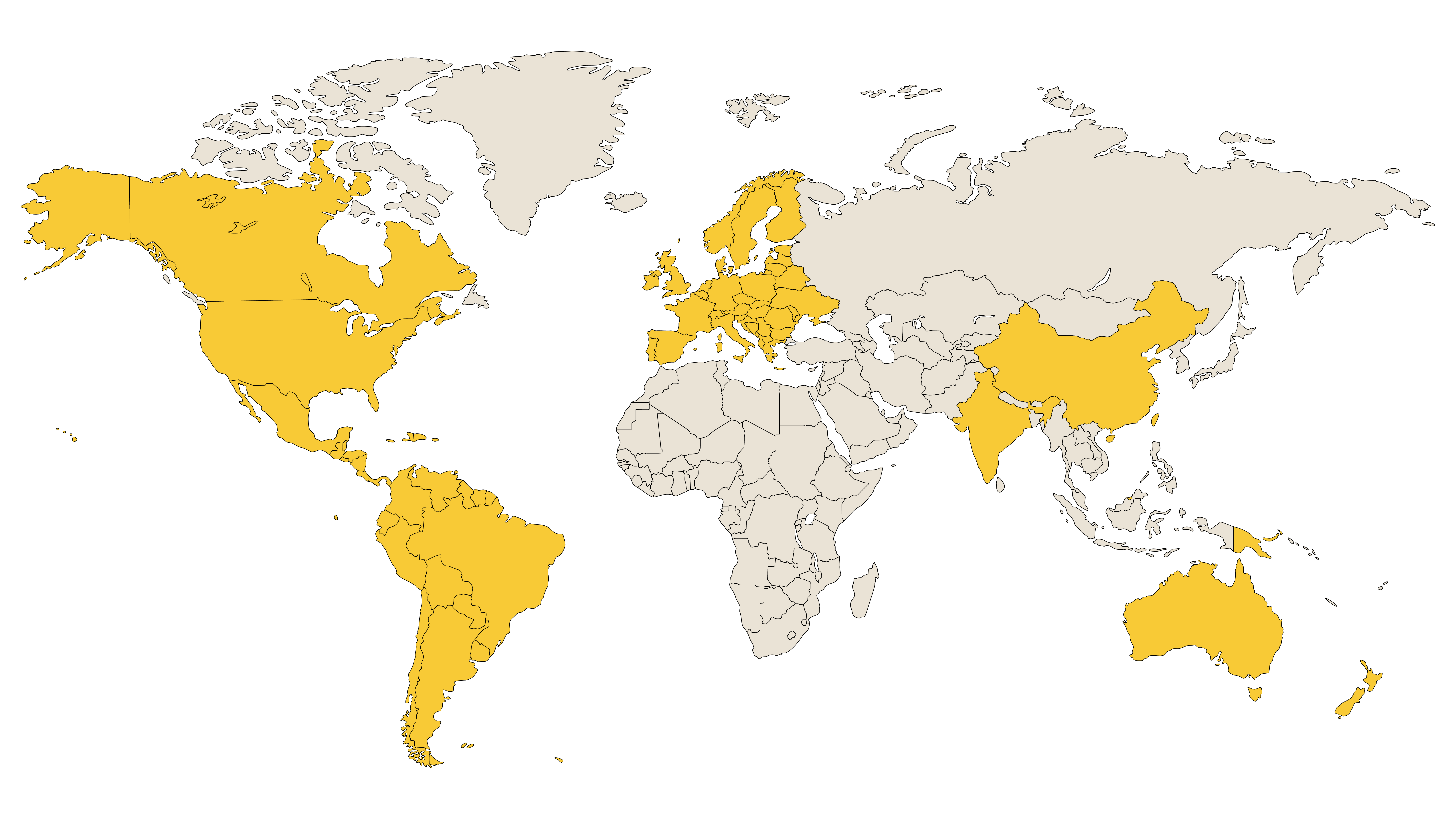 TEVGA global delivery coverage — Americas, Europe, Asia, Africa